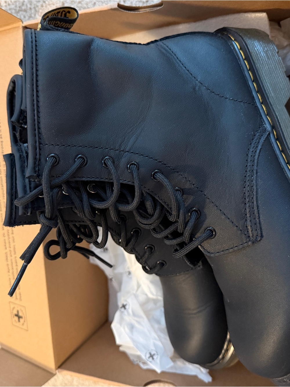 Dr. Martens Black 8-Eye Lace-Up Leather Boots with Yellow Stitch